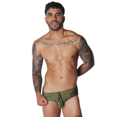 Olive green swim brief with side mesh panels and a center front drawstring tie against a black background.
