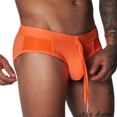 Bright orange swim brief with mesh side panels, an elastic waistband, and a decorative front drawstring tie.