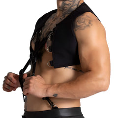 Gigo f fetish black leather harness vest with adjustable straps and metal rings shown from the back side