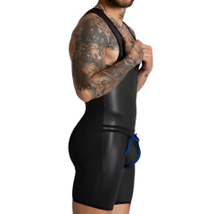 Black glossy latex wrestling singlet with blue elasticized side pouch from gigo f fetish blue body collection