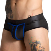 Black and blue leather-trimmed men’s briefs with a shiny form-fitting design from Gigo F Fetish Blue Brief collection