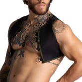 Black leather vest with olive green trim and silver rings from gigo f fetish green harness collection