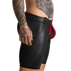 Black leather-like Gigo F Fetish red trunk long briefs with red trim and silver metal buckle at the waistband