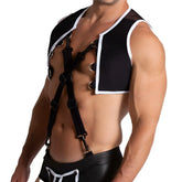 Black and white gigo f fetish harness vest with adjustable straps and metal rings for fetish wear