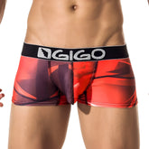 Red and black patterned men’s briefs with black waistband featuring gigo logo fast short boxer underwear size l