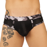 Gigo feeling black brief black mesh briefs with a gray and white camouflage waistband front view