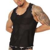 Gigo Feeling Black Tank black mesh tank top with gray and white striped trim on neckline armholes and hem