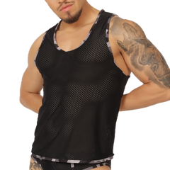 Gigo Feeling Black Tank black mesh tank top with gray and white striped trim on neckline armholes and hem