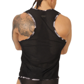Black mesh gigo feeling black tank top with silver and black striped trim along the shoulder straps