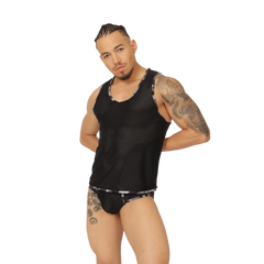 Black mesh tank top gigo feeling black tank with subtle patterned trim along neckline and waistband