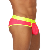 Bright pink mesh briefs with neon yellow waistband and trim from gigo feeling candy brief collection