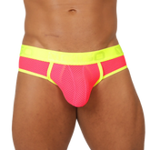 Bright pink mesh briefs with neon yellow waistband and trim from Gigo feeling candy brief collection