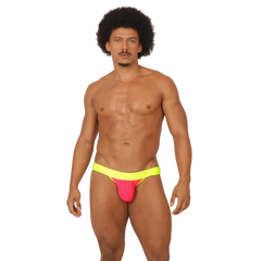 Vibrant neon pink and yellow gigo feeling candy jockstrap with mesh texture designed for athletic comfort