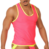 Bright pink mesh tank top with neon yellow trim from the gigo feeling candy tank collection