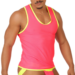 Bright pink mesh tank top with neon yellow trim from the gigo feeling candy tank collection