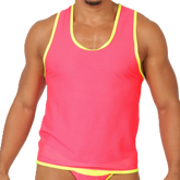 Bright pink mesh tank top with neon yellow trim from Gigo feeling candy tank collection for casual wear
