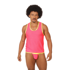 Vibrant pink mesh gigo feeling candy tank top with neon yellow trim perfect for casual summer wear