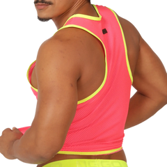 A vibrant neon pink mesh tank top with bold yellow trim and a black logo patch on the shoulder named Gigo Feeling Candy Tank