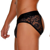 Gigo female black brief jockstrap featuring black lace briefs with floral pattern and solid black waistband