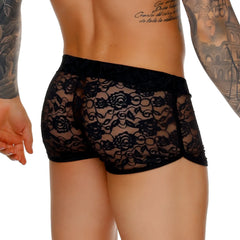 Gigo female black hotshort lace boxer briefs with floral pattern and solid black waistband front view