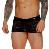 Black lace men’s briefs with floral pattern and solid black waistband with silver button from gigo female black hotshort