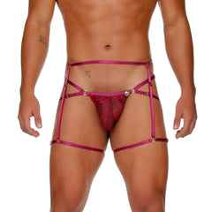 Fuchsia lace thong wine jockstrap with matching straps and silver toned metal hardware shown from the back side