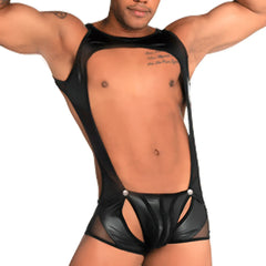 Gigo fetiche black singlet shiny black latex bodysuit with sheer mesh panels and silver button closures