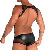 Back view of gigo fetiche black singlet men’s backless underwear in sheer mesh and faux leather materials