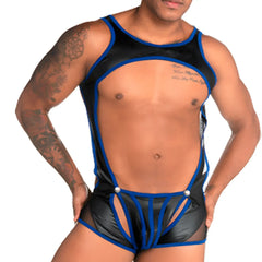 Black and blue shiny latex bodysuit with cut-out design from gigo fetiche blue singlet collection