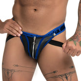 Blue and black leather thong jockstrap with a silver zipper down the center by gigo fetiche