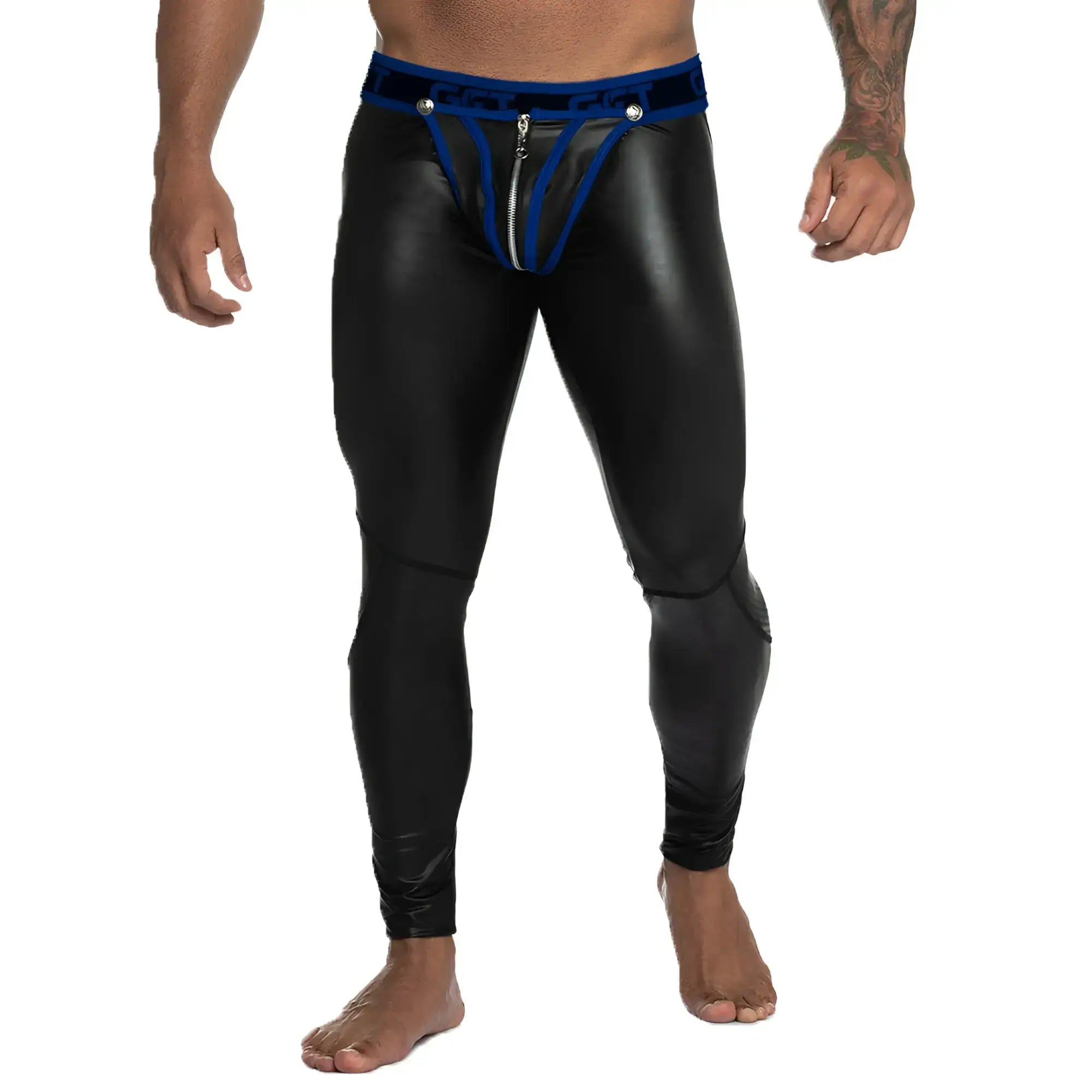 Black patent leather leggings with blue elastic waistband and front zipper detail from gigo fetiche blue zipper leggins