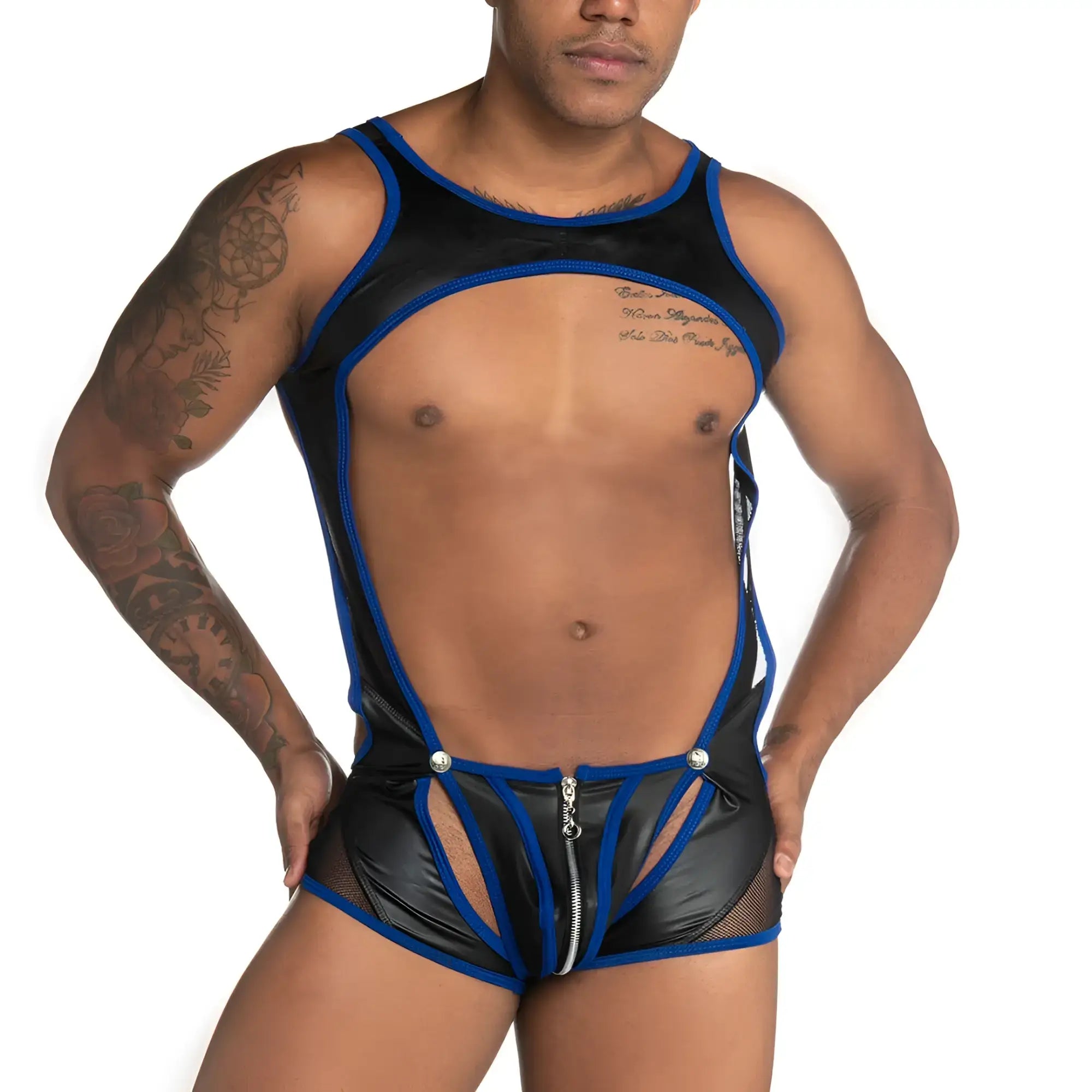 Black and blue leather like bodysuit with mesh panels and central zipper gigo fetiche blue zipper singlet