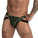 Gigo fetiche green jockstrap in black and olive green leather-like briefs with silver-toned button closures