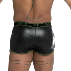 Black glossy latex shorts with olive green trim and matching gct logo waistband from Gigo Fetiche Green Short