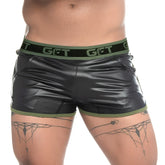 Gigo Fetiche green short black patent leather shorts with olive green elastic waistband and trim featuring a glossy finish