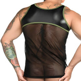 Black mesh tank top with glossy black and olive green trim showing the front of the gigo fetiche green tank