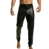 Black shiny faux leather gigo fetiche pants with slim fit and cuffed ankles for a sleek edgy look