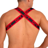 Red and black cross-back strap harness with get branding shown from the back in gigo fetiche red harness design