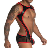 Black and red gigo fetiche singlet latex bodysuit with mesh panels and front zipper detail