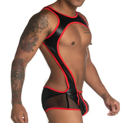 Black and red gigo fetiche singlet latex bodysuit with mesh panels and front zipper detail