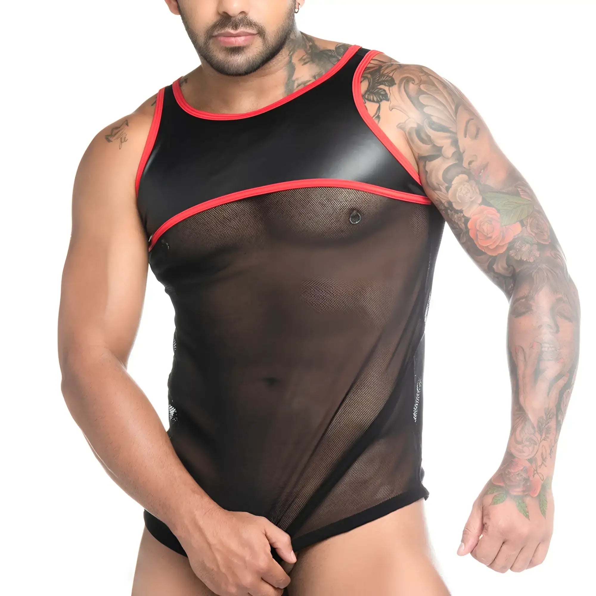 Gigo Fetiche red tank black mesh tank top with red trim and glossy black panel across the chest