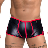 Black shiny latex briefs with bold red trim and a silver button on the waistband gigo fetiche red trunk