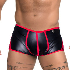 Black shiny latex briefs with bold red trim and a silver button on the waistband gigo fetiche red trunk