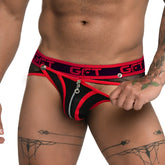 Black and red mesh Gigo Fetiche zipper brief jockstrap with silver zipper and get branding on waistband