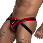 Black and red striped gigo fetiche red zipper jockstrap with silver zipper down the center front