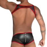 Black and red mesh-backed men’s briefs with shiny faux leather front panel and silver zipper