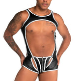 Black and white latex bodysuit with zipper front cut-out design and mesh panels from gigo fetiche white zipper singlet