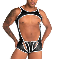 Black and white latex bodysuit with zipper front cut-out design and mesh panels from gigo fetiche white zipper singlet