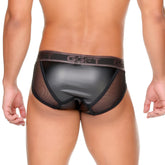Black faux leather briefs with mesh panels and branded waistband from gigo fetish black brief collection