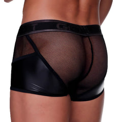 Black mesh briefs with patent leather panel and elastic waistband with embossed lettering from gigo fetish black trunk